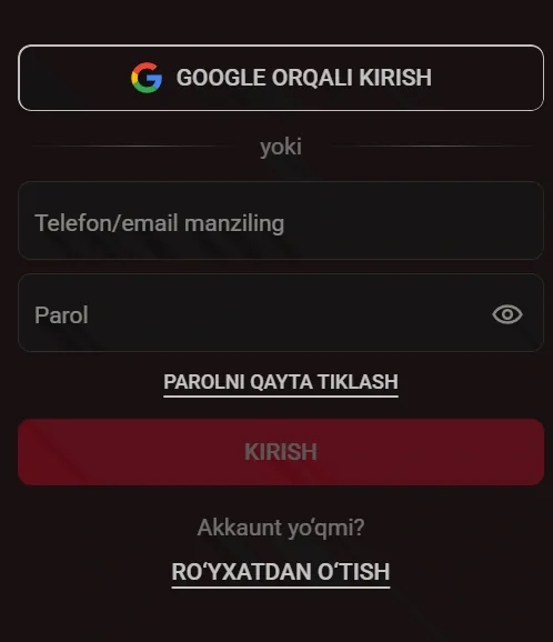 Pinco kirish oynasi: telefon yoki e-mail va parol bilan kirish